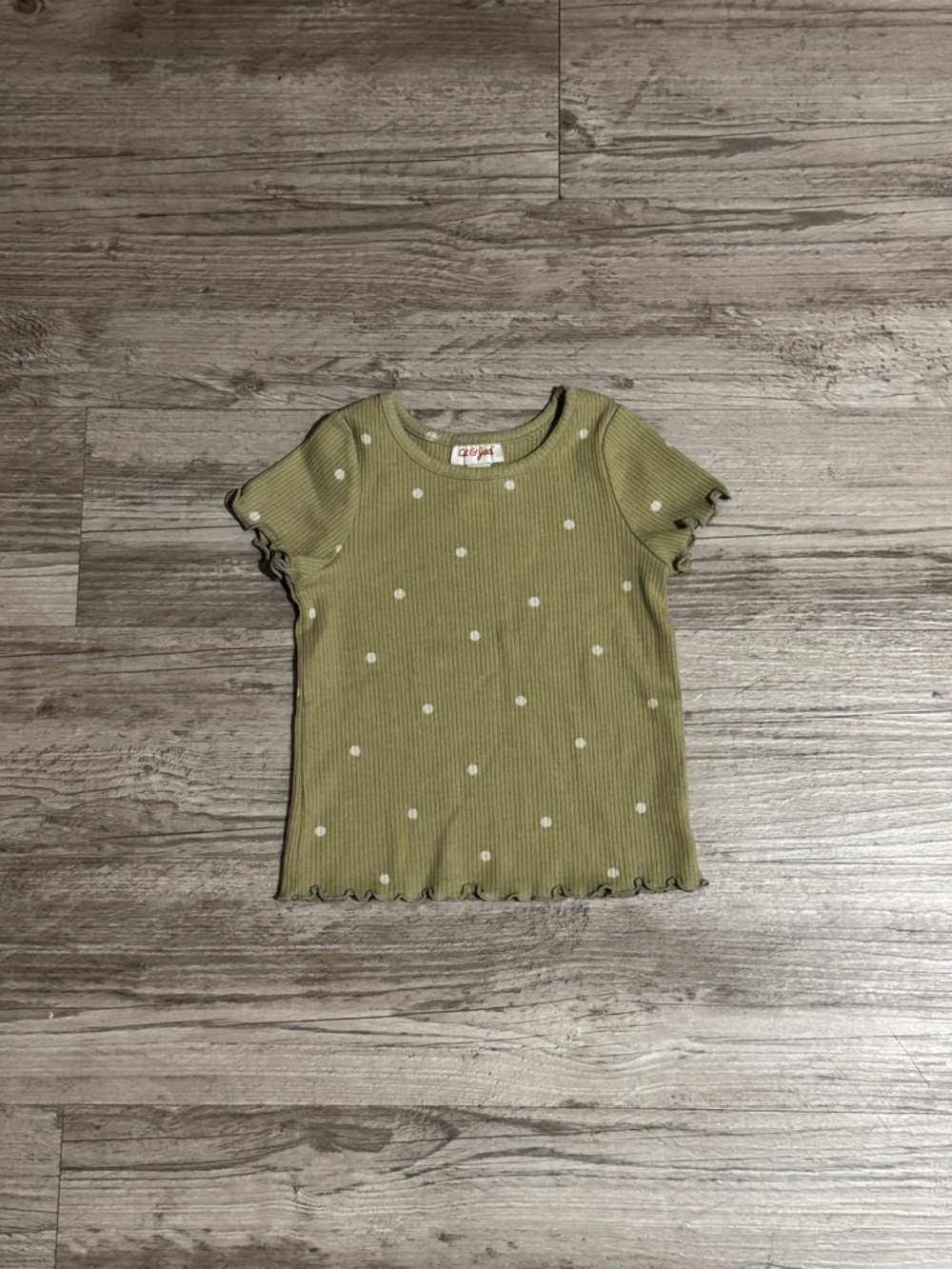 Cat & Jack Olive Green Ribbed Tee with White Polka Dots